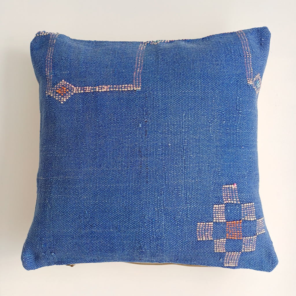 Moroccan Handmade Dark Blue Cactus Silk Cushion Cover 16''x16'' / 40x40 CM