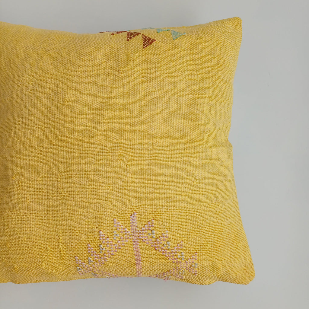 Moroccan Handmade Yellow Cactus Silk Cushion Cover 16''x16'' / 40x40 CM