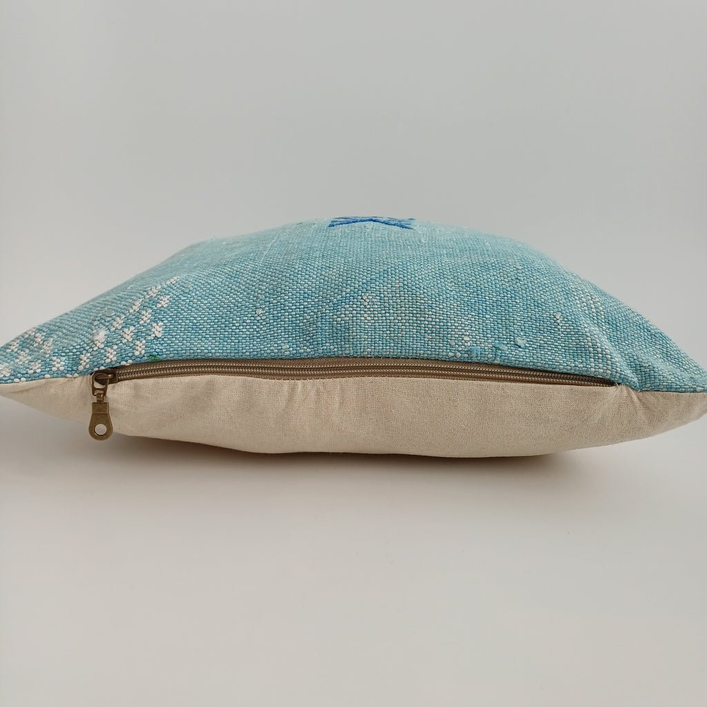 Moroccan Handmade Teal Blue Cactus Silk Cushion Cover 16''x16'' / 40x40 CM