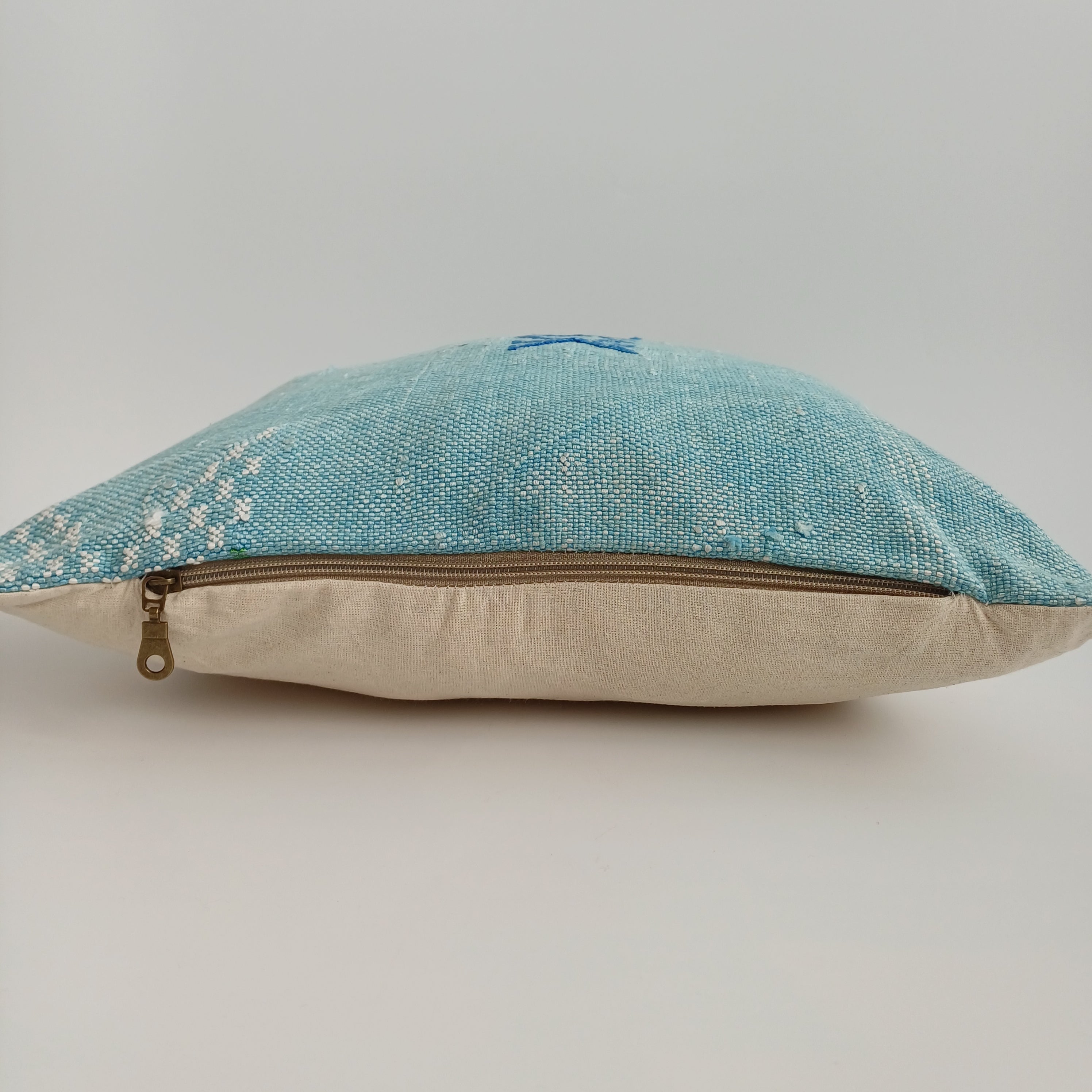 Moroccan Handmade Teal Blue Cactus Silk Cushion Cover 16''x16'' / 40x40 CM