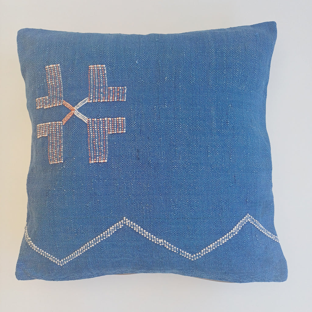 Moroccan Handmade Royal Blue Cactus Silk Cushion Cover 20''x20'' / 50x50 CM