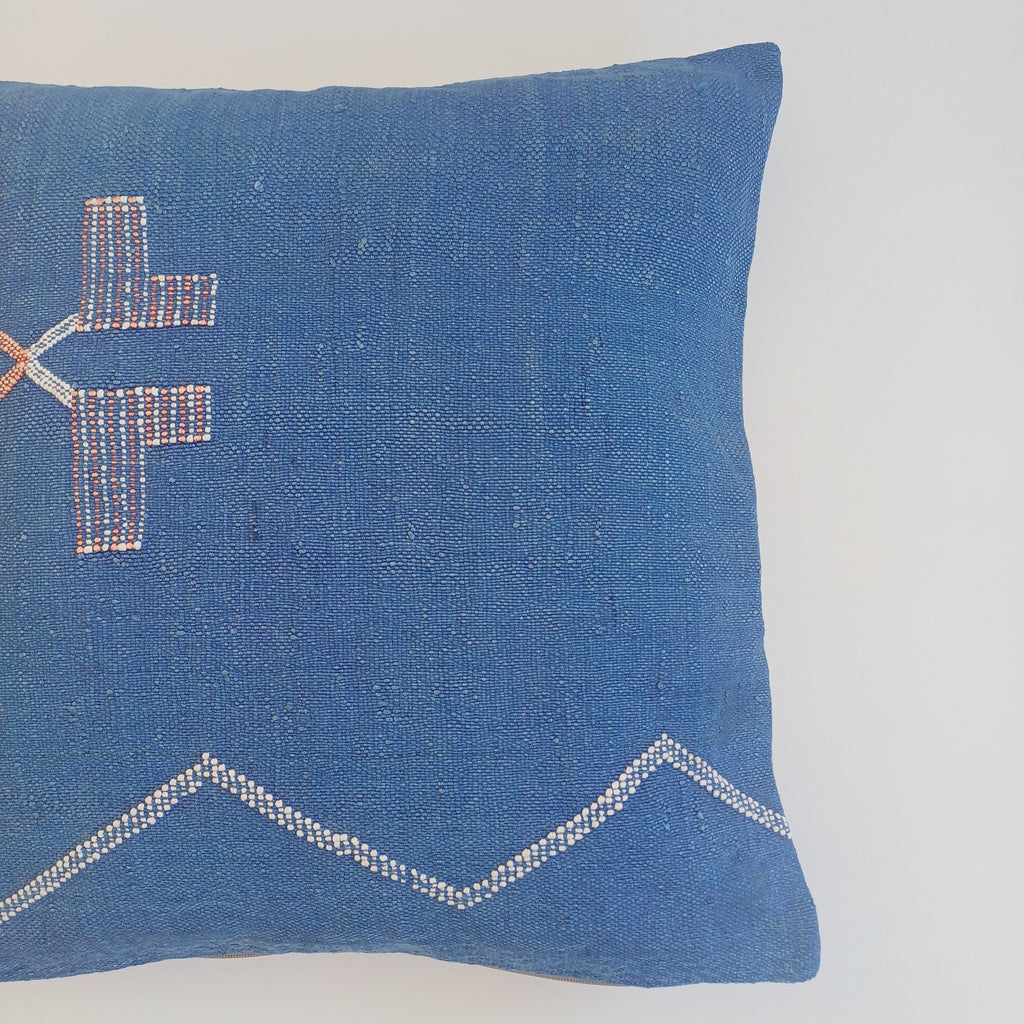 Moroccan Handmade Royal Blue Cactus Silk Cushion Cover 20''x20'' / 50x50 CM