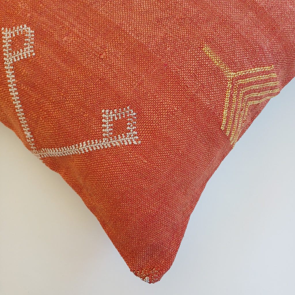 Moroccan Handmade Orange Red Cactus Silk Cushion Cover 20''x20'' / 50x50 CM