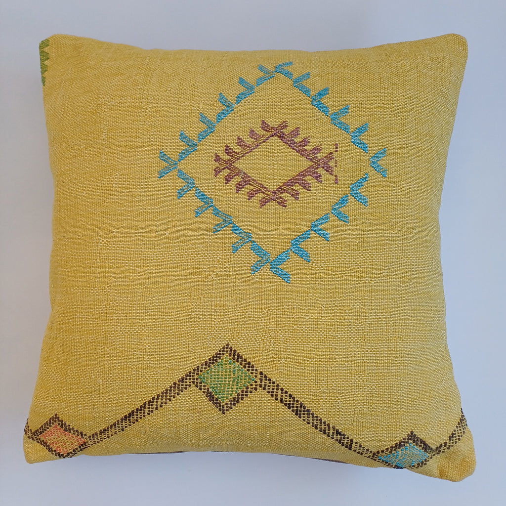 Moroccan Handmade Mustard Yellow Cactus Silk Cushion Cover 20''x20'' / 50x50 CM