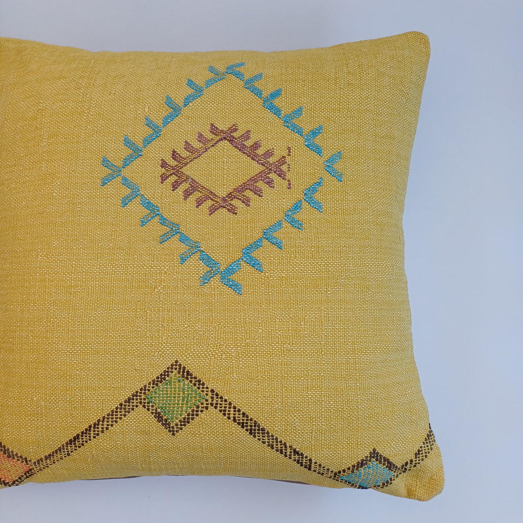 Moroccan Handmade Mustard Yellow Cactus Silk Cushion Cover 20''x20'' / 50x50 CM