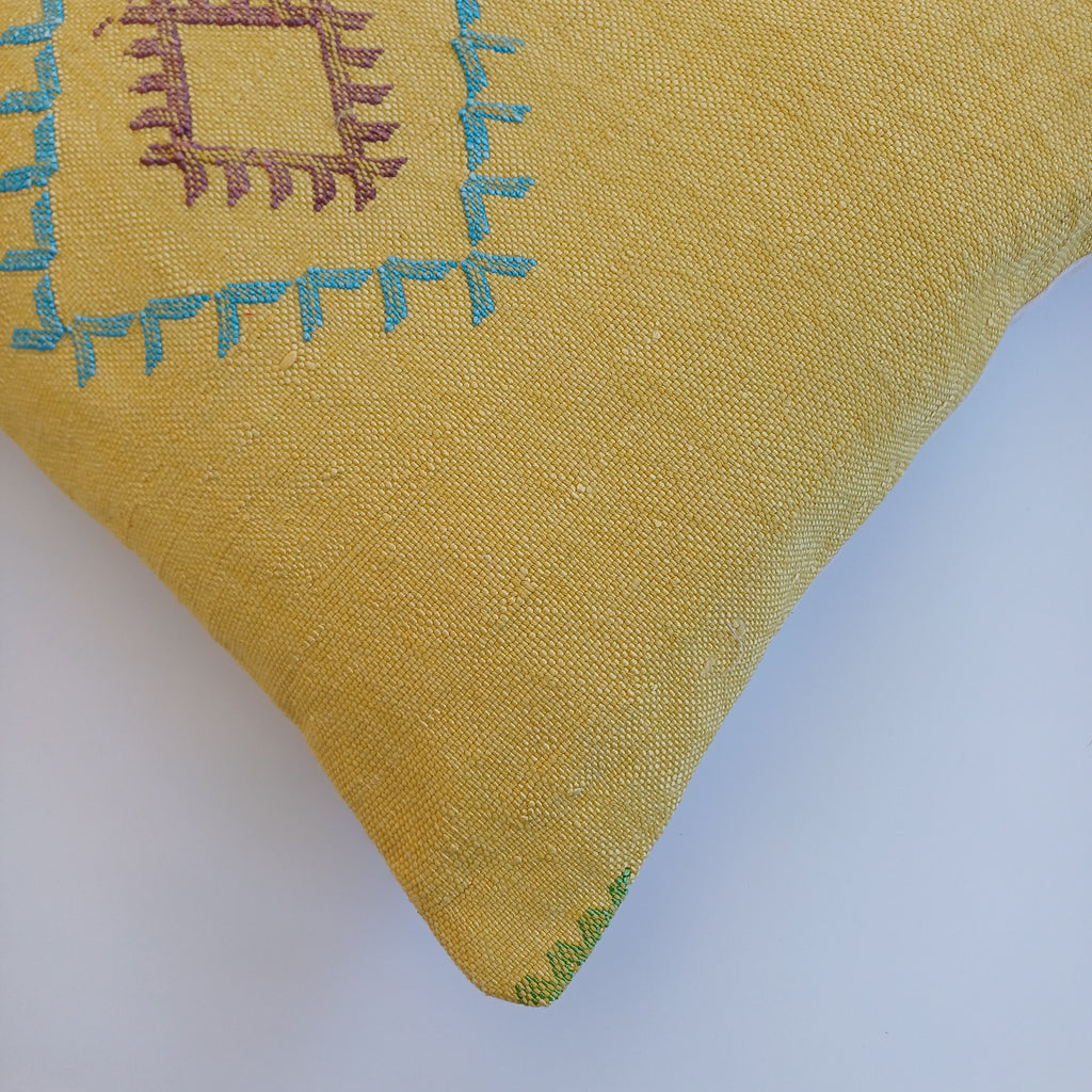 Moroccan Handmade Mustard Yellow Cactus Silk Cushion Cover 20''x20'' / 50x50 CM