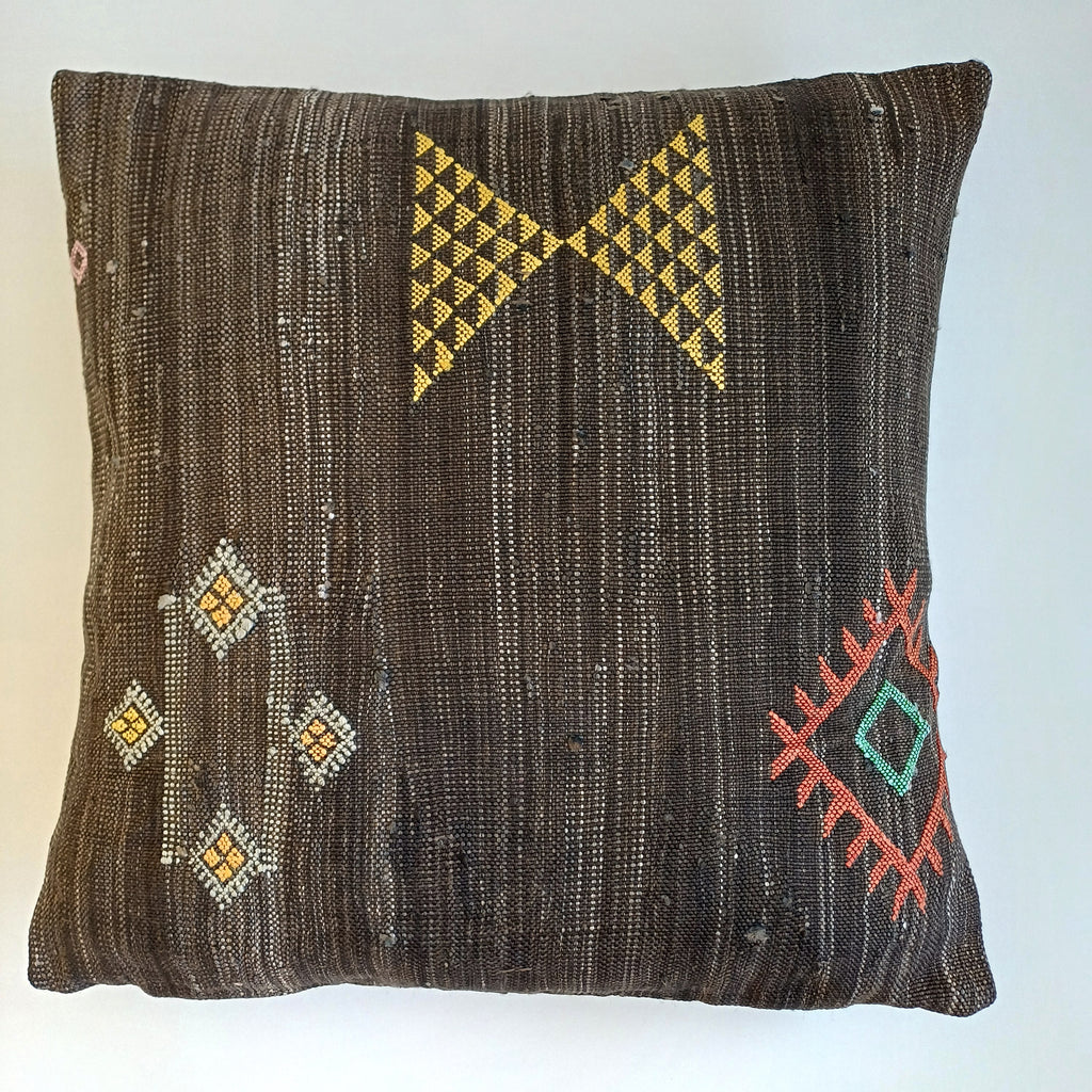 Moroccan Handmade Charcoal Brown Cactus Silk Cushion Cover 20''x20'' / 50x50 CM