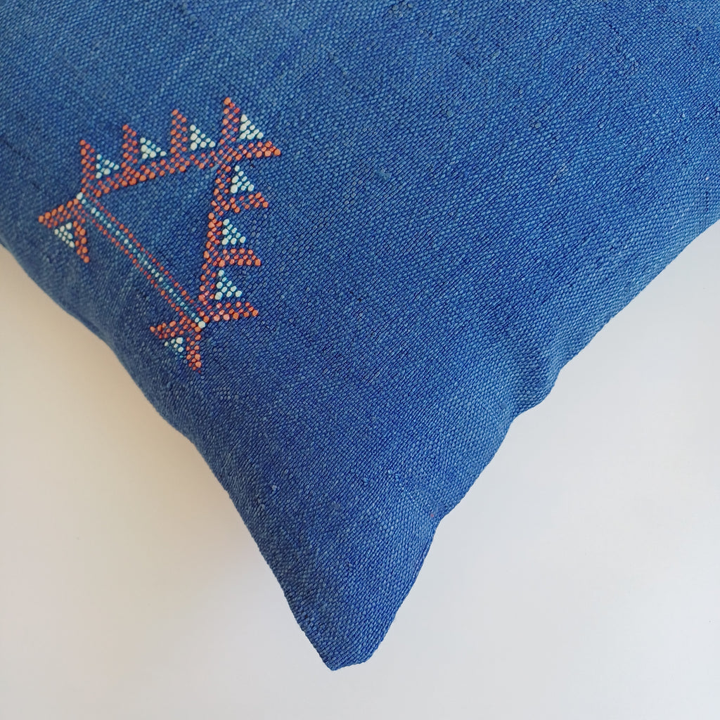 Moroccan Handmade Royal Blue Cactus Silk Cushion Cover 20''x20'' / 50x50 CM