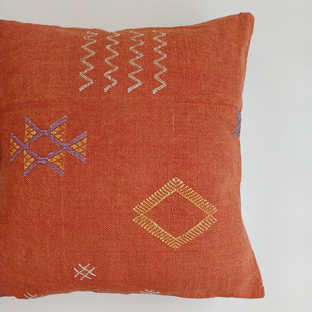 Moroccan Handmade Orange Red Cactus Silk Cushion Cover 20''x20'' / 50x50 CM
