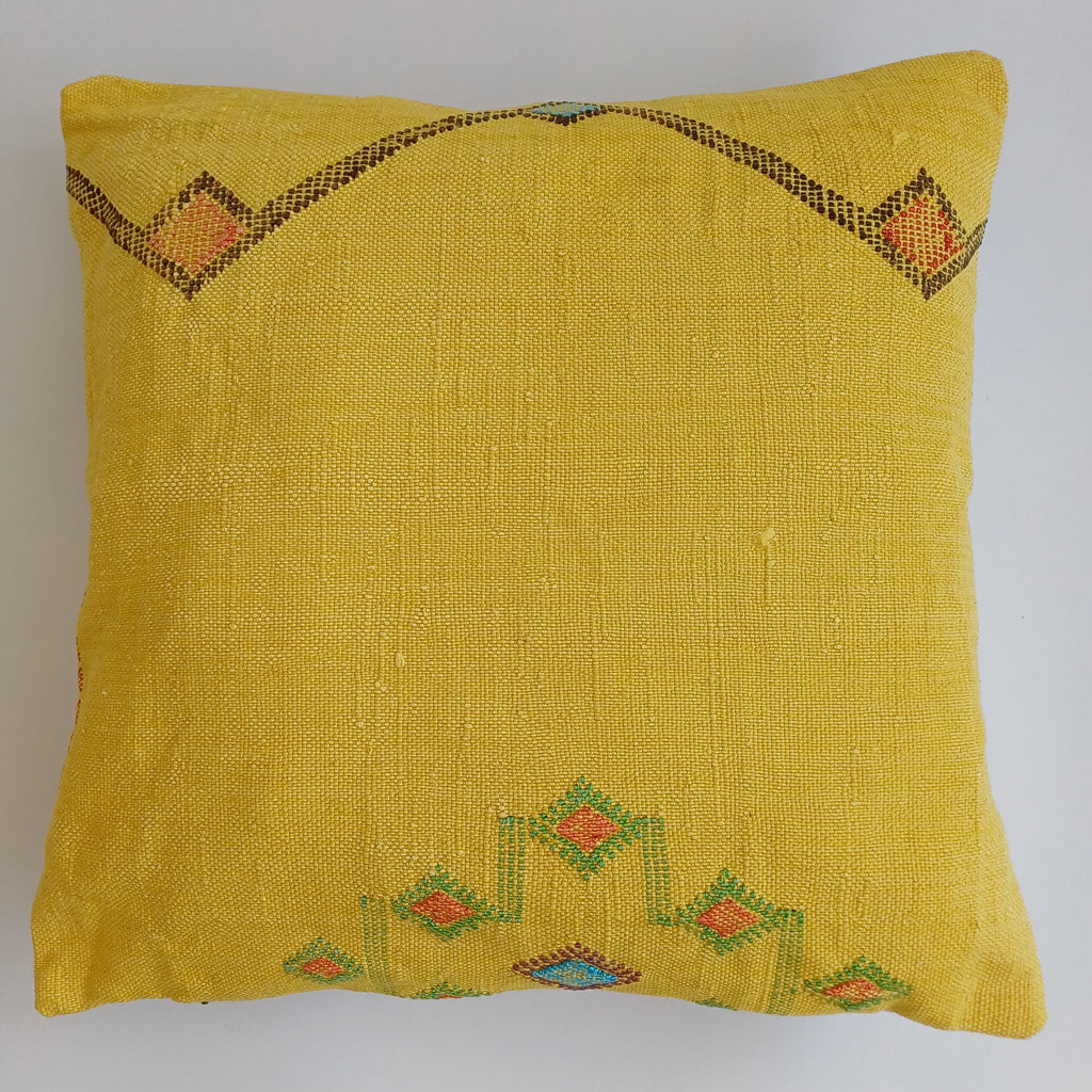 Moroccan Handmade Mustard Yellow Cactus Silk Cushion Cover 20''x20'' / 50x50 CM