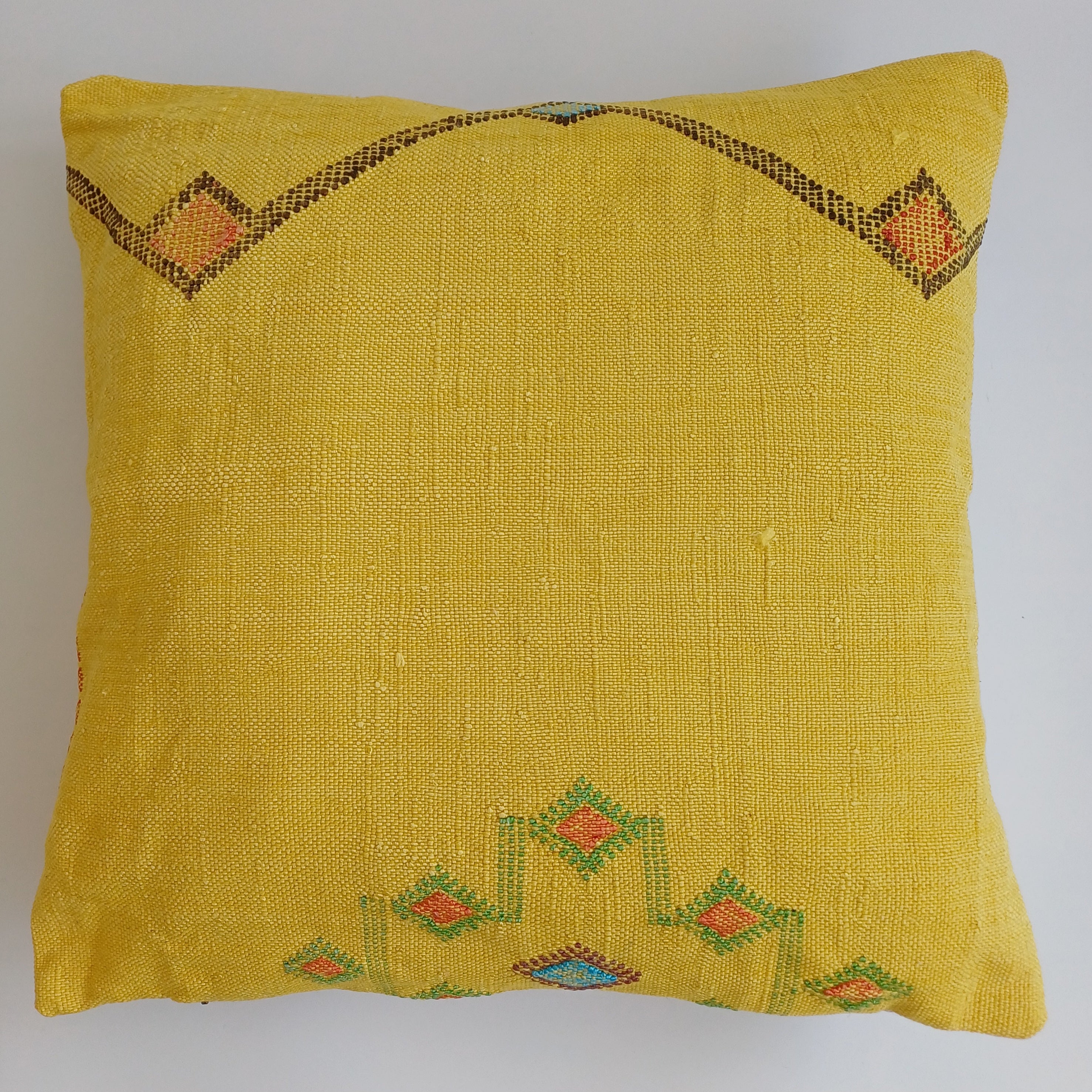 Moroccan Handmade Mustard Yellow Cactus Silk Cushion Cover 20''x20'' / 50x50 CM