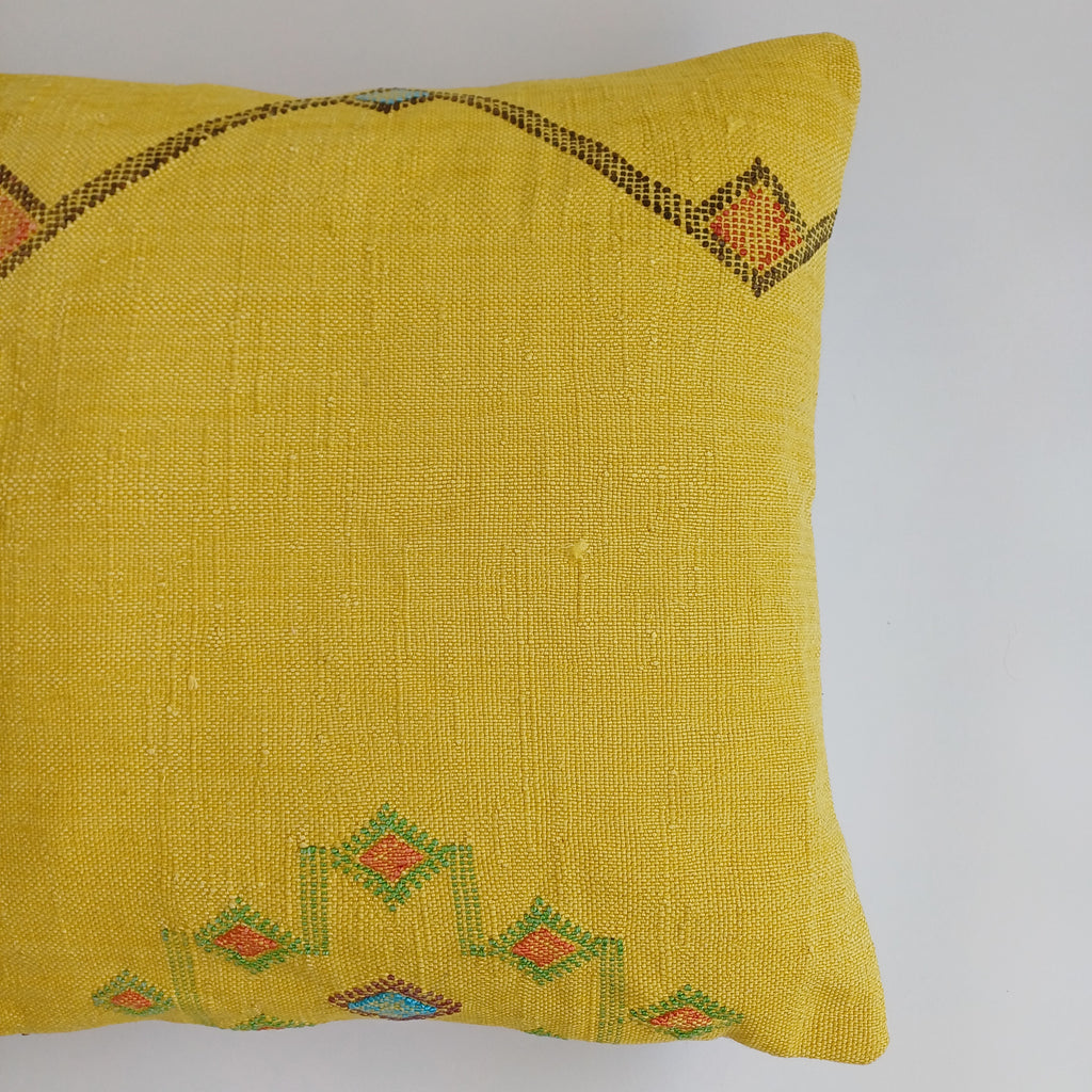 Moroccan Handmade Mustard Yellow Cactus Silk Cushion Cover 20''x20'' / 50x50 CM