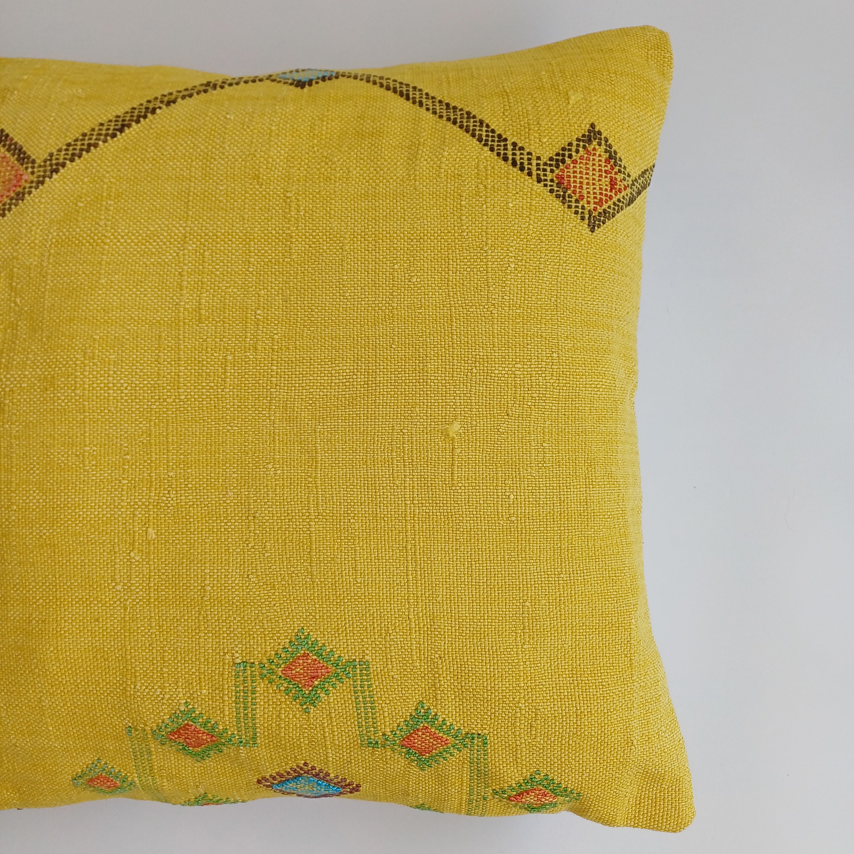 Moroccan Handmade Mustard Yellow Cactus Silk Cushion Cover 20''x20'' / 50x50 CM
