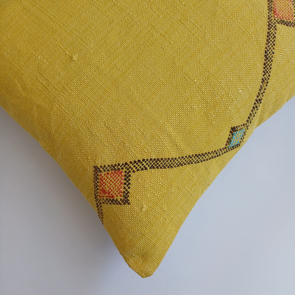 Moroccan Handmade Mustard Yellow Cactus Silk Cushion Cover 20''x20'' / 50x50 CM