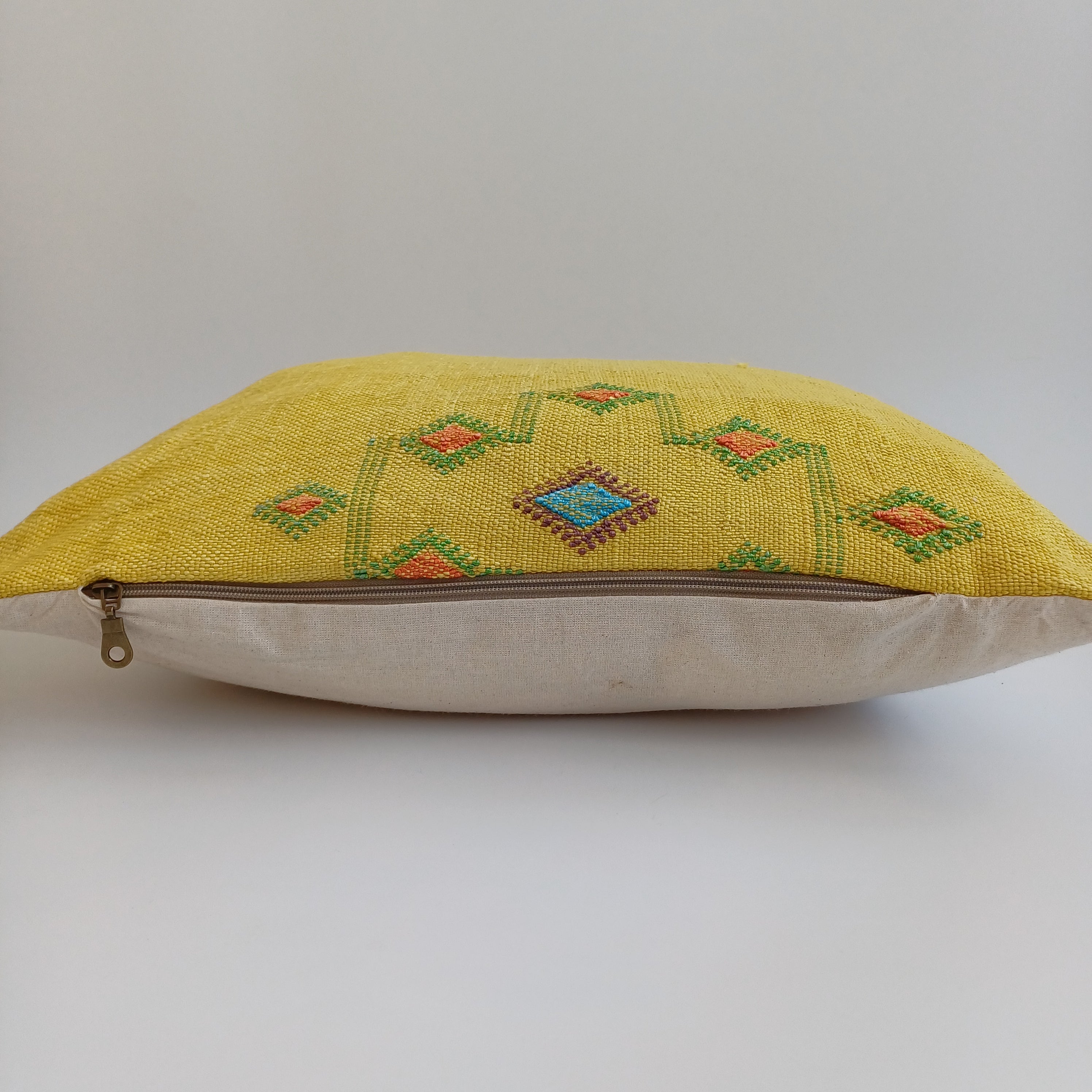 Moroccan Handmade Mustard Yellow Cactus Silk Cushion Cover 20''x20'' / 50x50 CM