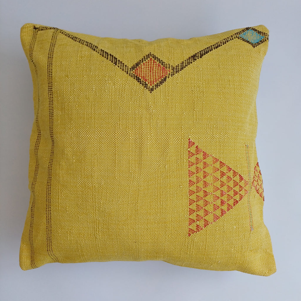 Moroccan Handmade Mustard Yellow Cactus Silk Cushion Cover 20''x20'' / 50x50 CM