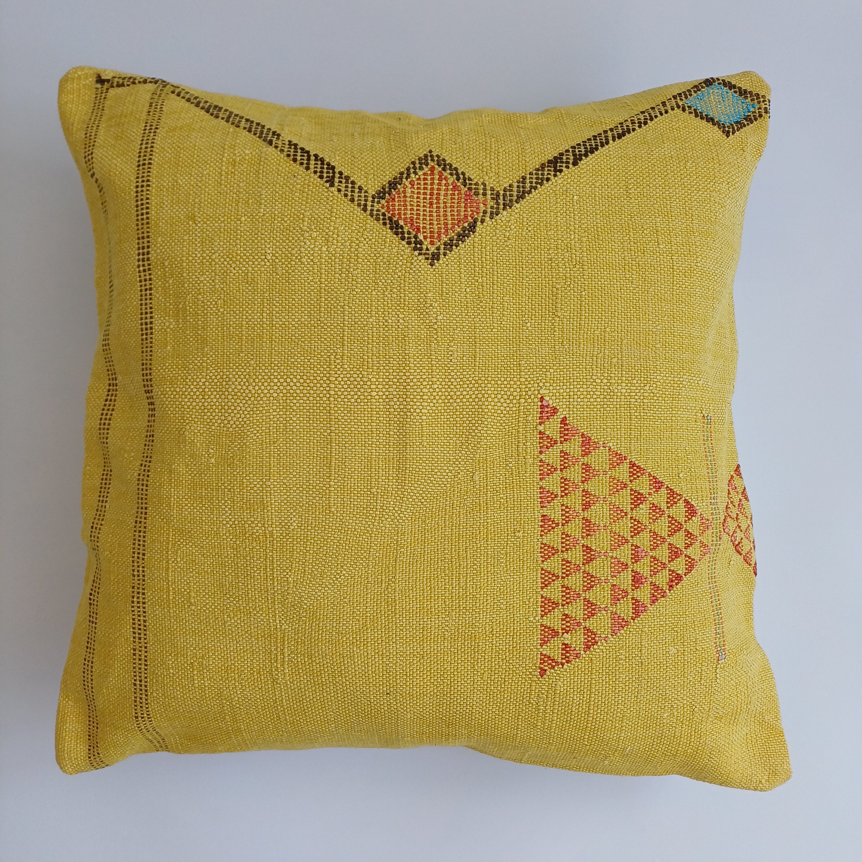 Moroccan Handmade Mustard Yellow Cactus Silk Cushion Cover 20''x20'' / 50x50 CM