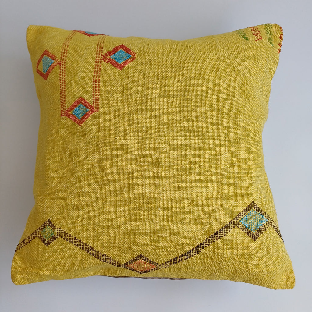 Moroccan Handmade Mustard Yellow Cactus Silk Cushion Cover 20''x20'' / 50x50 CM