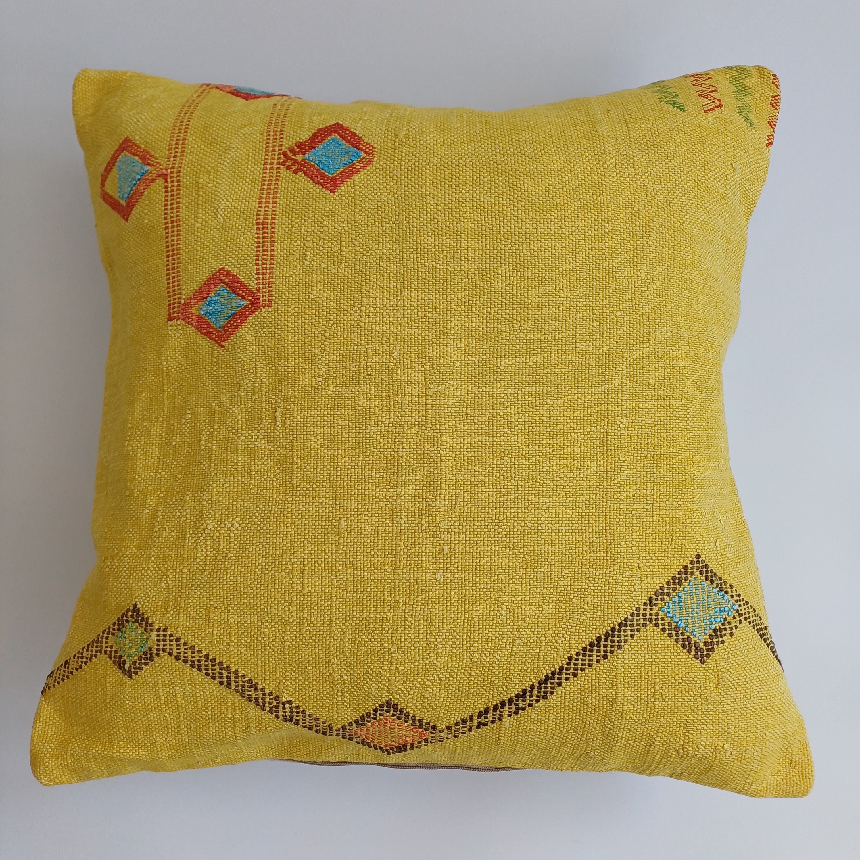 Moroccan Handmade Mustard Yellow Cactus Silk Cushion Cover 20''x20'' / 50x50 CM