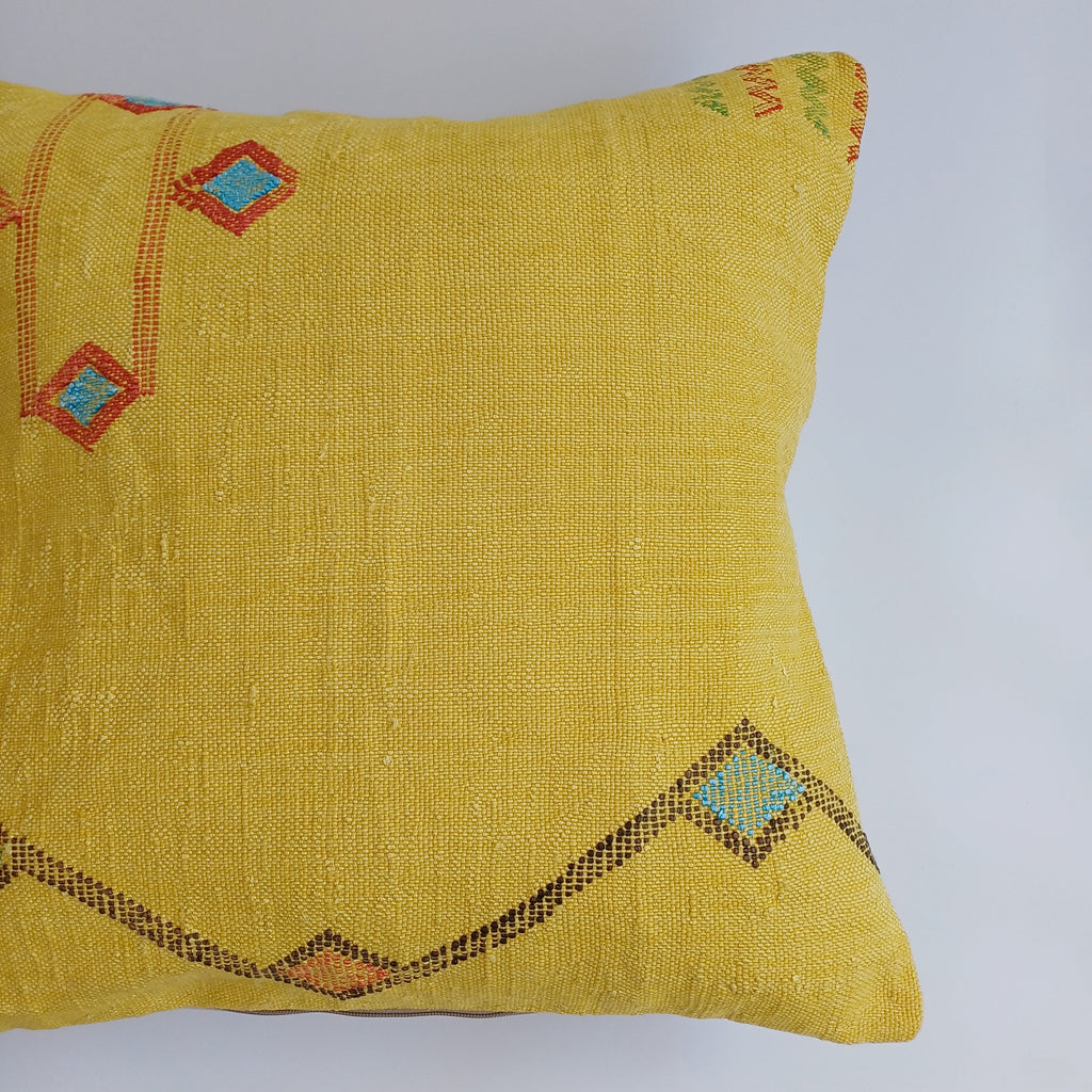 Moroccan Handmade Mustard Yellow Cactus Silk Cushion Cover 20''x20'' / 50x50 CM