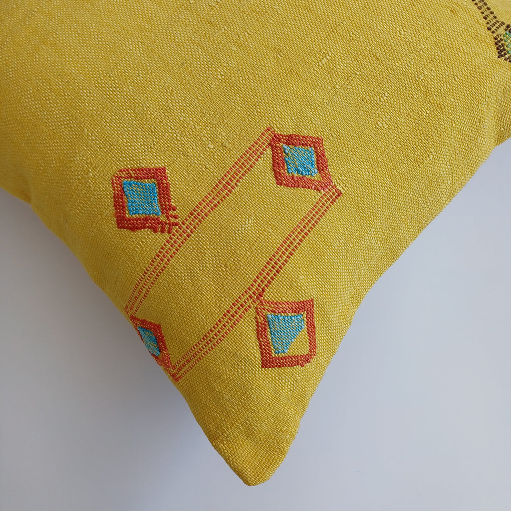 Moroccan Handmade Mustard Yellow Cactus Silk Cushion Cover 20''x20'' / 50x50 CM