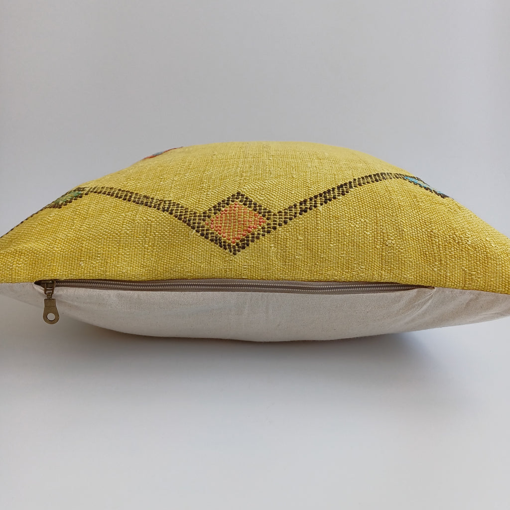 Moroccan Handmade Mustard Yellow Cactus Silk Cushion Cover 20''x20'' / 50x50 CM