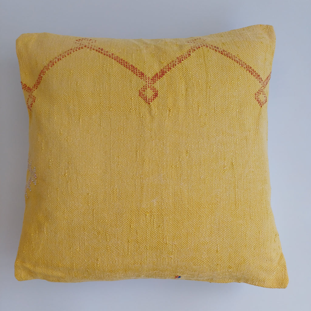 Moroccan Handmade Mustard Yellow Cactus Silk Cushion Cover 20''x20'' / 50x50 CM