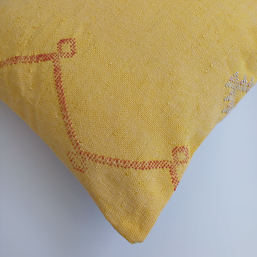 Moroccan Handmade Mustard Yellow Cactus Silk Cushion Cover 20''x20'' / 50x50 CM