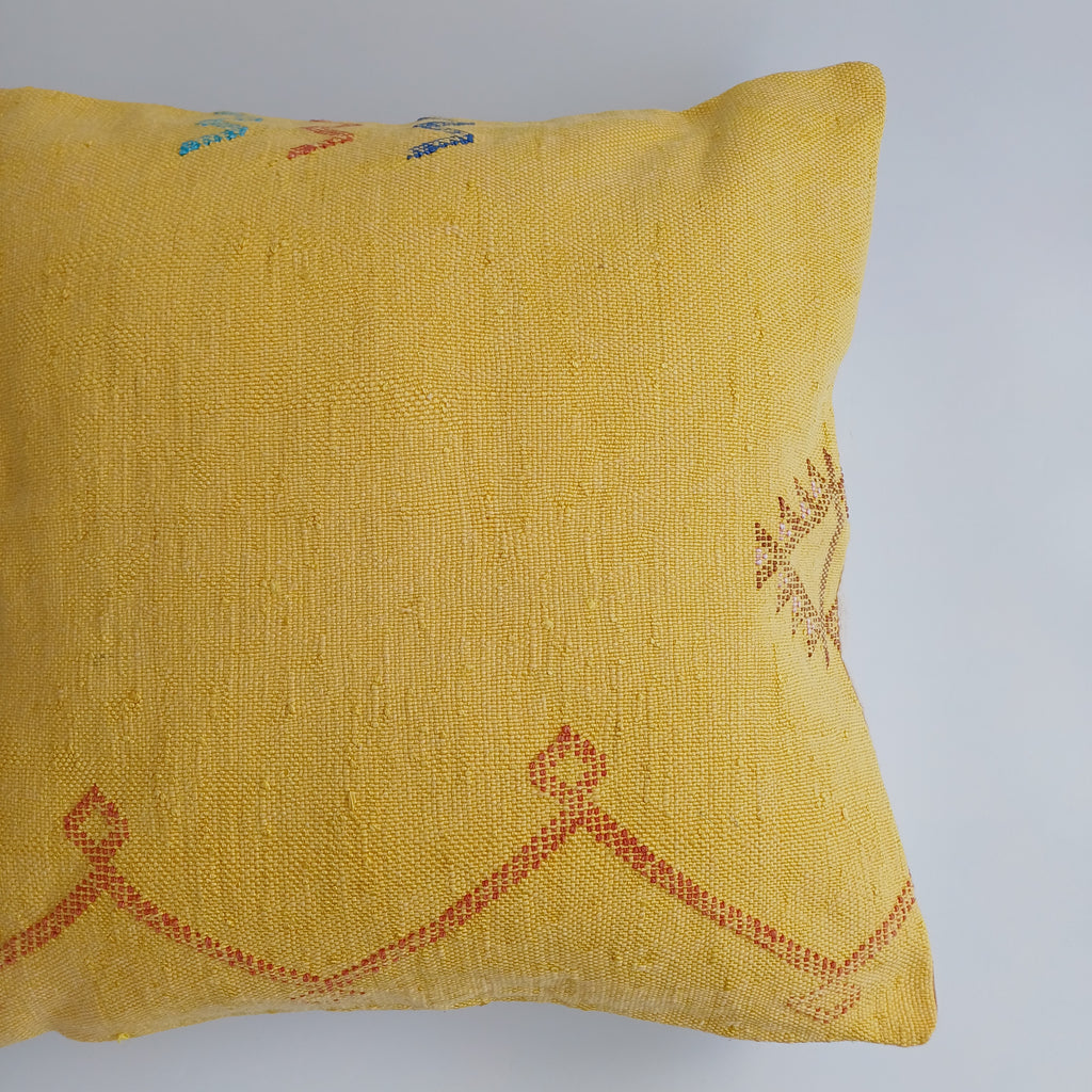 Moroccan Handmade Mustard Yellow Cactus Silk Cushion Cover 20''x20'' / 50x50 CM