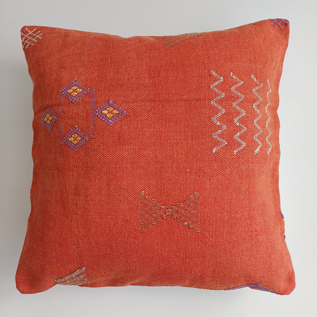 Moroccan Handmade Orange Red Cactus Silk Cushion Cover 20''x20'' / 50x50 CM