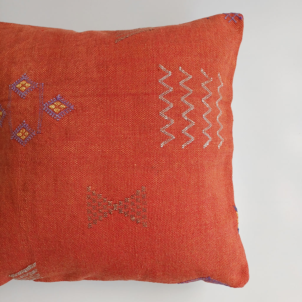 Moroccan Handmade Orange Red Cactus Silk Cushion Cover 20''x20'' / 50x50 CM