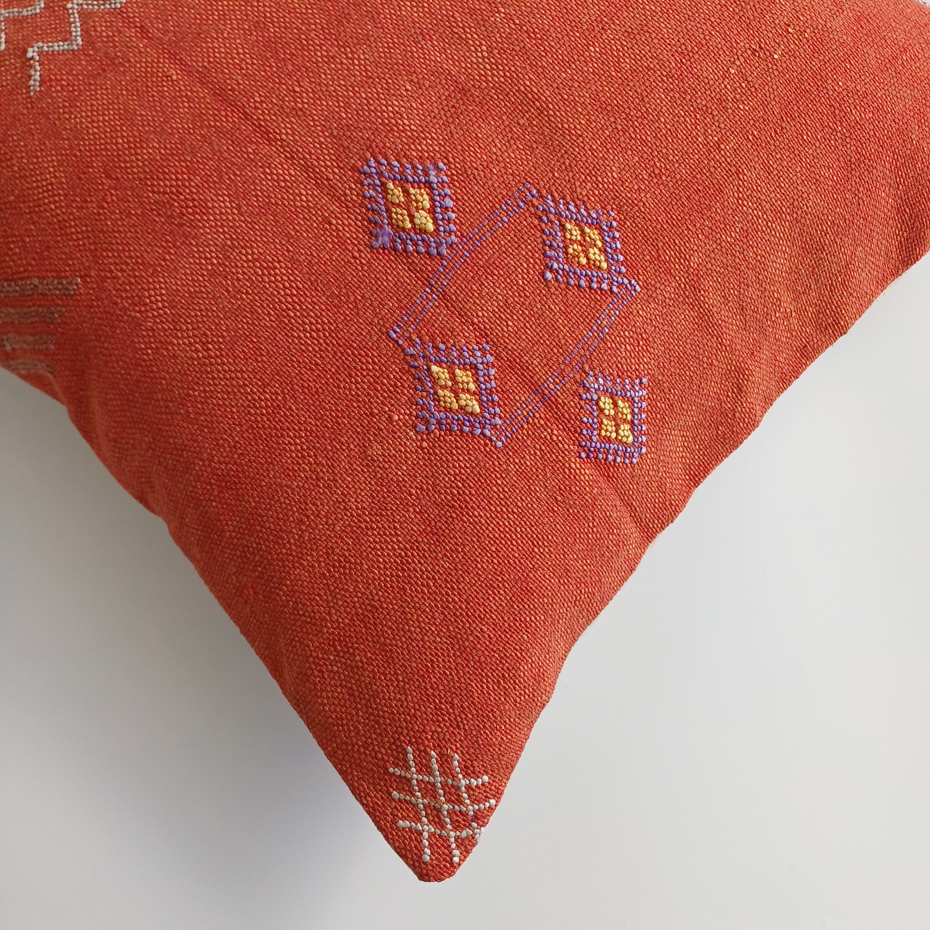 Moroccan Handmade Orange Red Cactus Silk Cushion Cover 20''x20'' / 50x50 CM