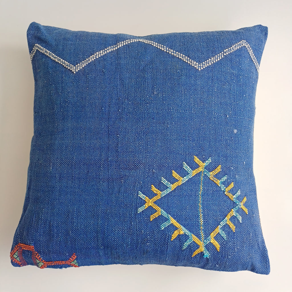 Moroccan Handmade Royal Blue Cactus Silk Cushion Cover 20''x20'' / 50x50 CM