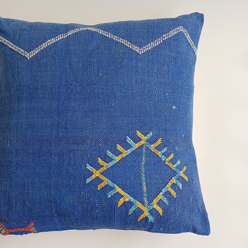 Moroccan Handmade Royal Blue Cactus Silk Cushion Cover 20''x20'' / 50x50 CM