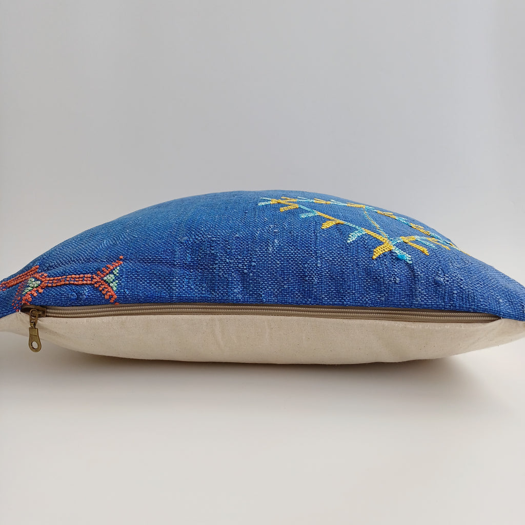 Moroccan Handmade Royal Blue Cactus Silk Cushion Cover 20''x20'' / 50x50 CM