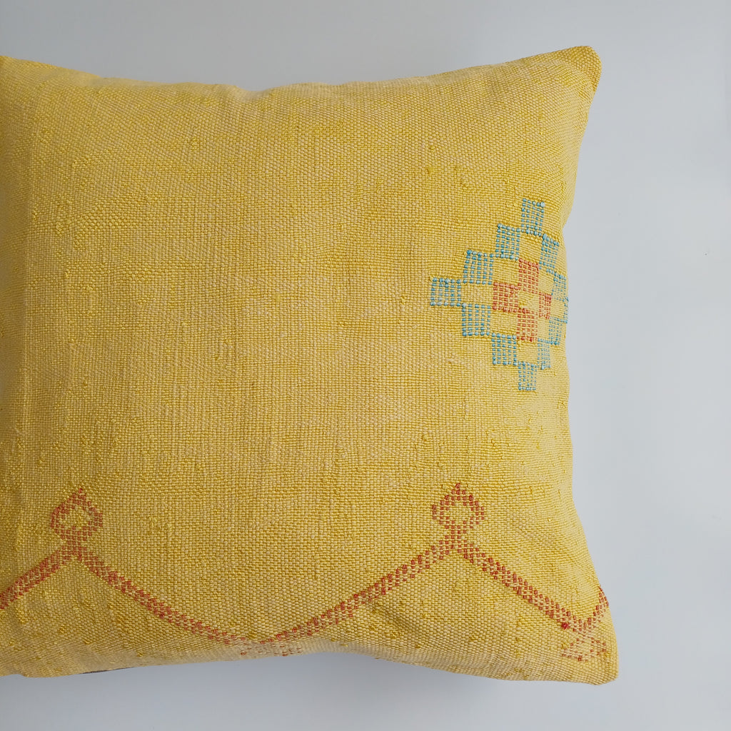 Moroccan Handmade Mustard Yellow Cactus Silk Cushion Cover 20''x20'' / 50x50 CM