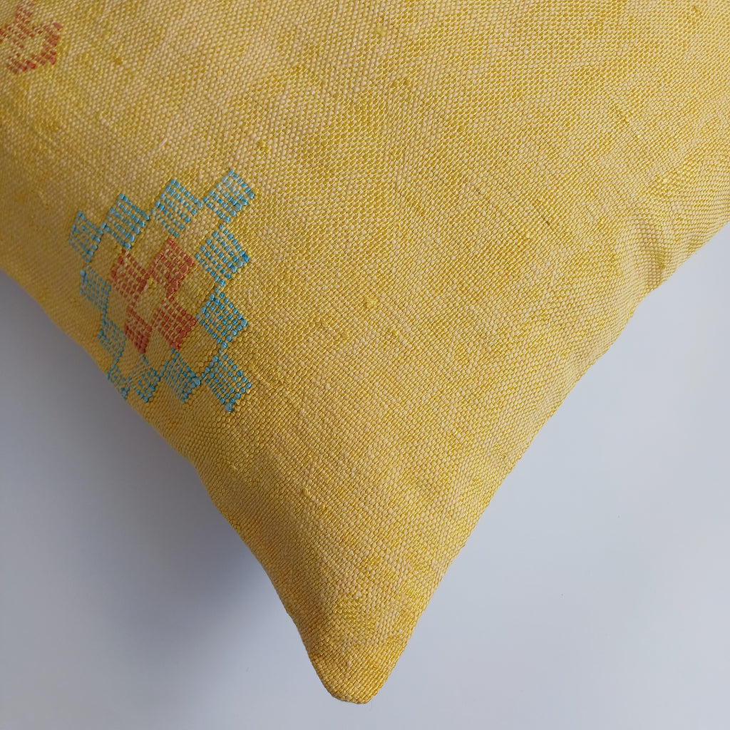 Moroccan Handmade Mustard Yellow Cactus Silk Cushion Cover 20''x20'' / 50x50 CM