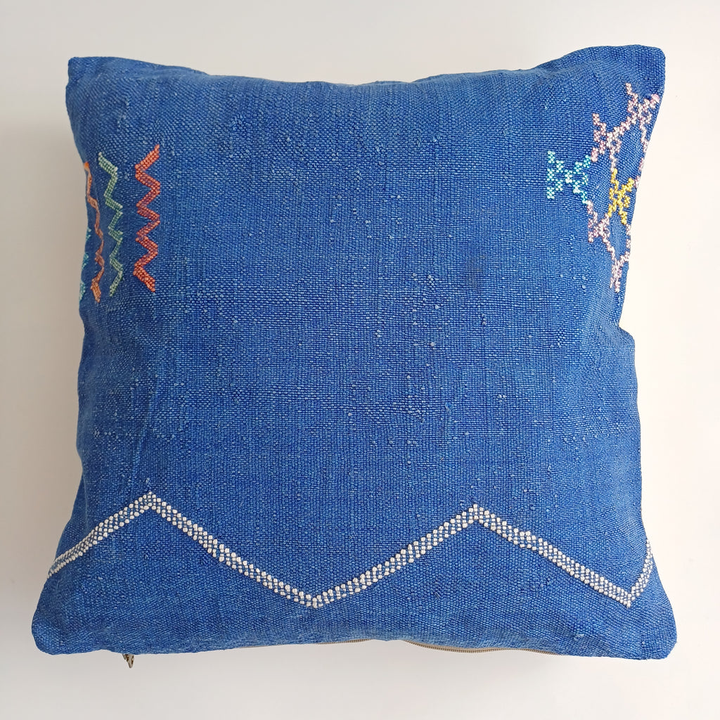 Moroccan Handmade Royal Blue Cactus Silk Cushion Cover 20''x20'' / 50x50 CM