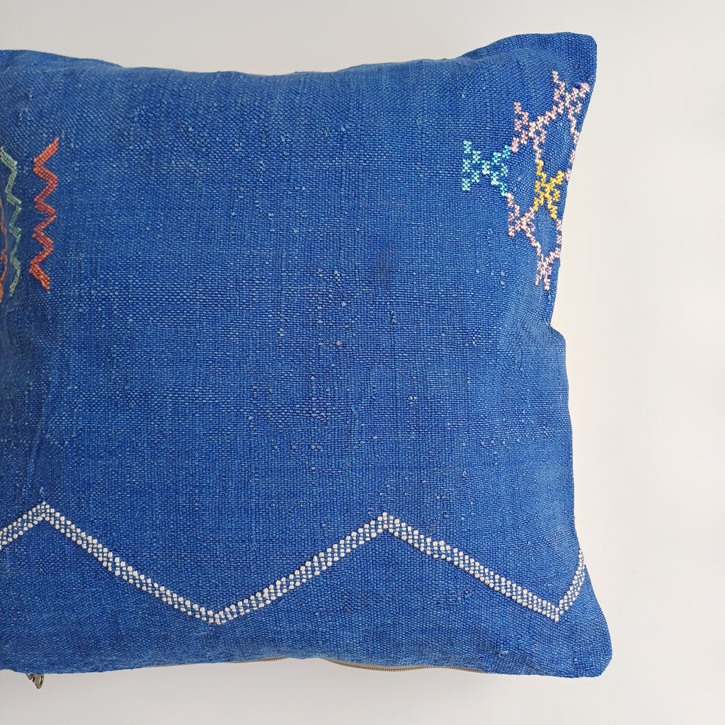 Moroccan Handmade Royal Blue Cactus Silk Cushion Cover 20''x20'' / 50x50 CM