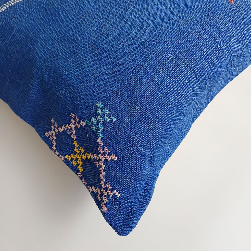 Moroccan Handmade Royal Blue Cactus Silk Cushion Cover 20''x20'' / 50x50 CM