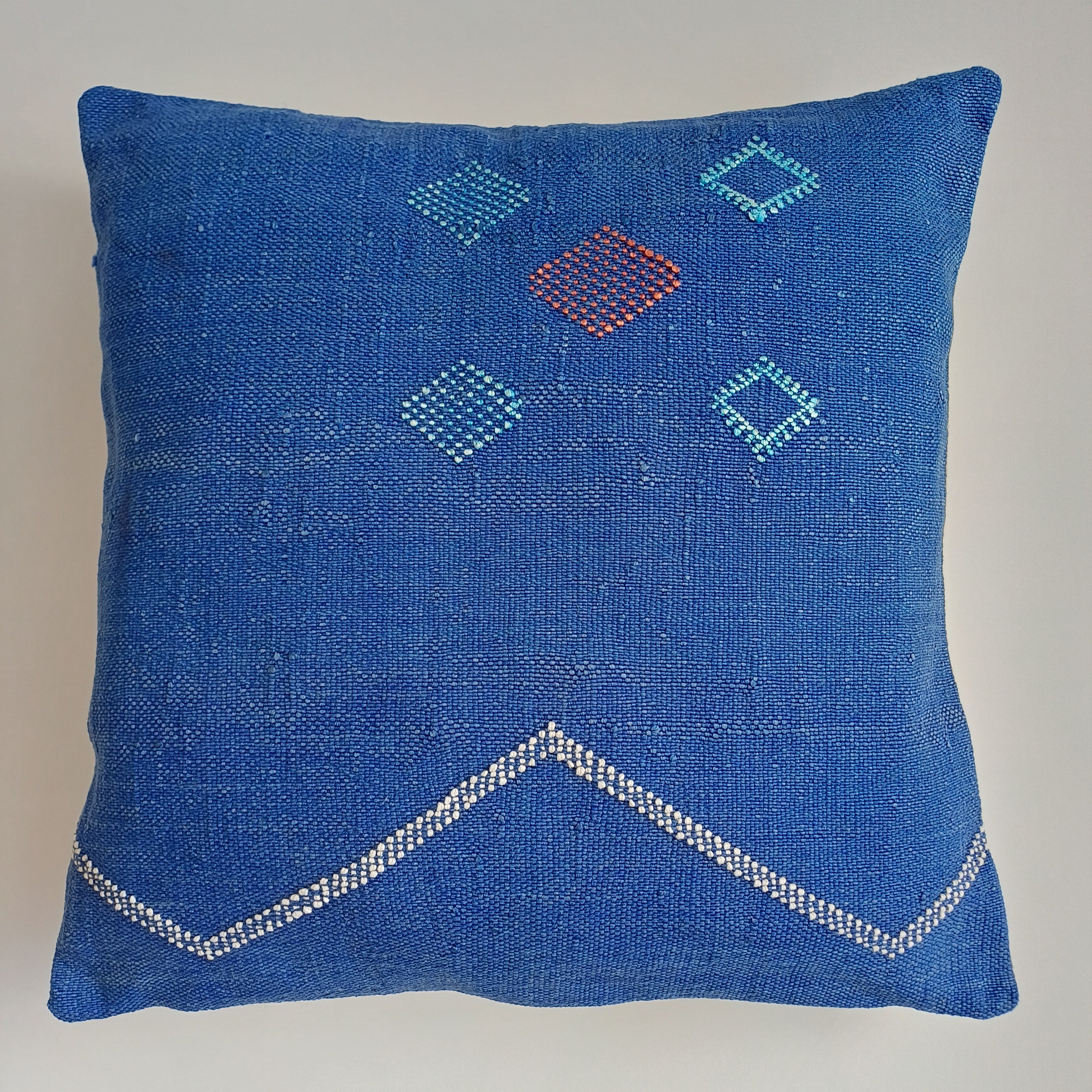 Moroccan Handmade Royal Blue Cactus Silk Cushion Cover 20''x20'' / 50x50 CM