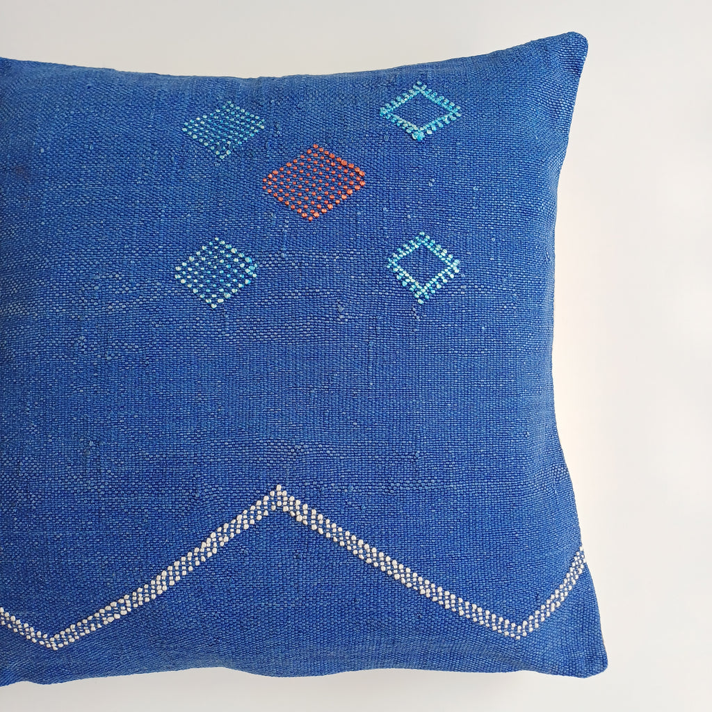 Moroccan Handmade Royal Blue Cactus Silk Cushion Cover 20''x20'' / 50x50 CM