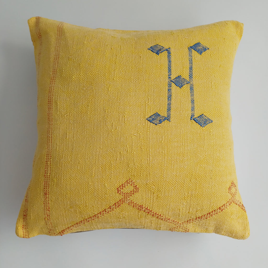 Moroccan Handmade Mustard Yellow Cactus Silk Cushion Cover 20''x20'' / 50x50 CM