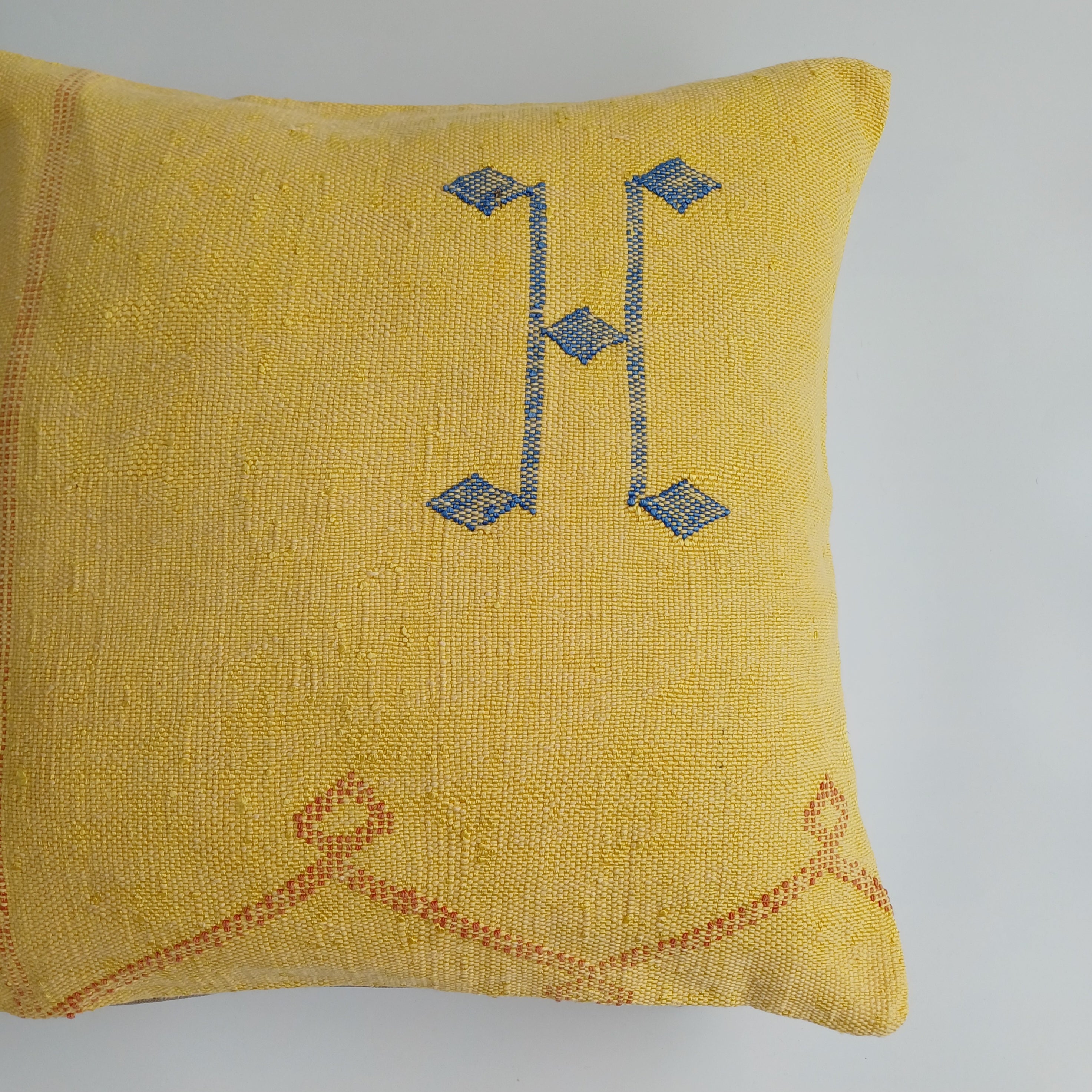 Moroccan Handmade Mustard Yellow Cactus Silk Cushion Cover 20''x20'' / 50x50 CM
