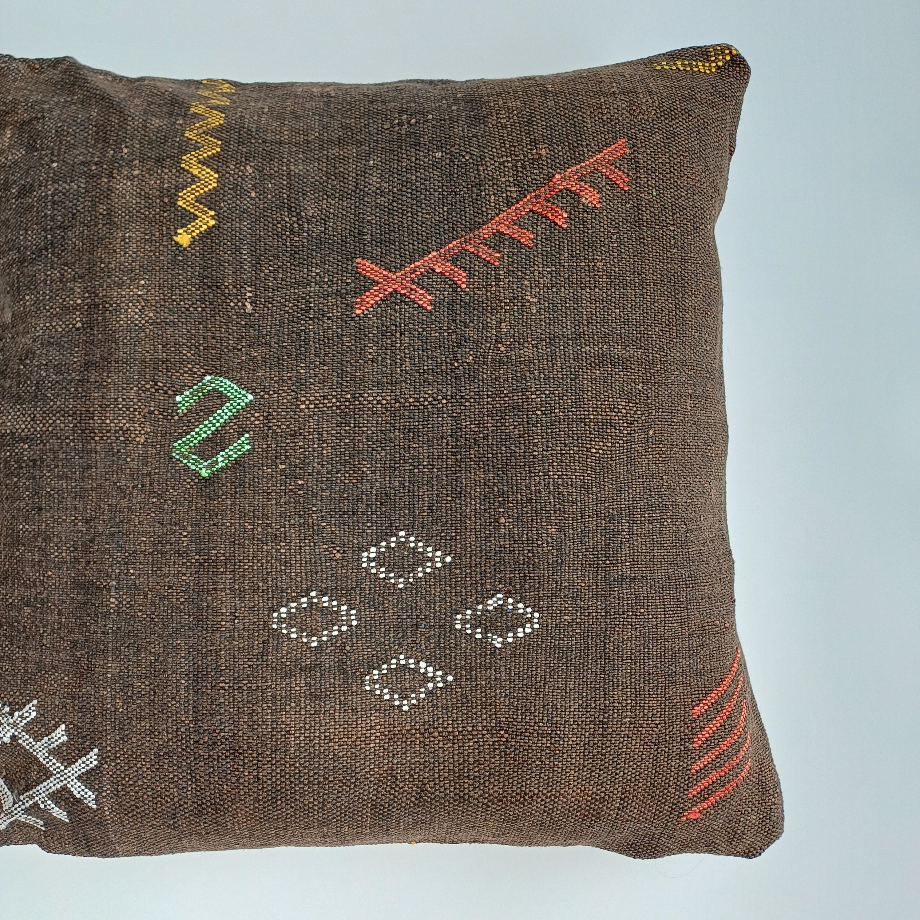 Moroccan Handmade Charcoal Brown Cactus Silk Cushion Cover 20''x20'' / 50x50 CM