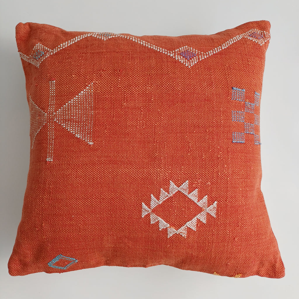 Moroccan Handmade Orange Red Cactus Silk Cushion Cover 20''x20'' / 50x50 CM