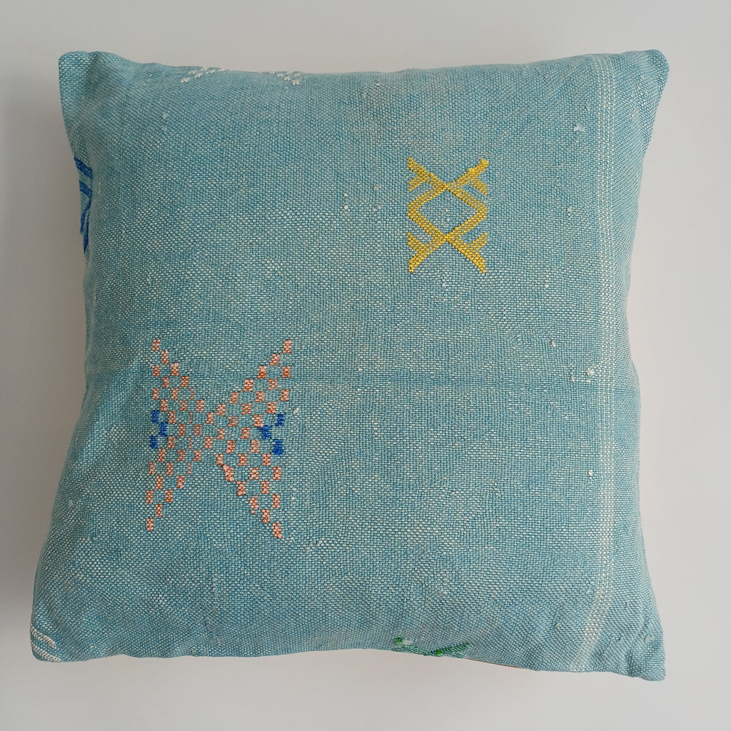 Moroccan Handmade Teal Blue Cactus Silk Cushion Cover 20''x20'' / 50x50 CM