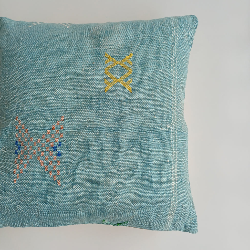 Moroccan Handmade Teal Blue Cactus Silk Cushion Cover 20''x20'' / 50x50 CM