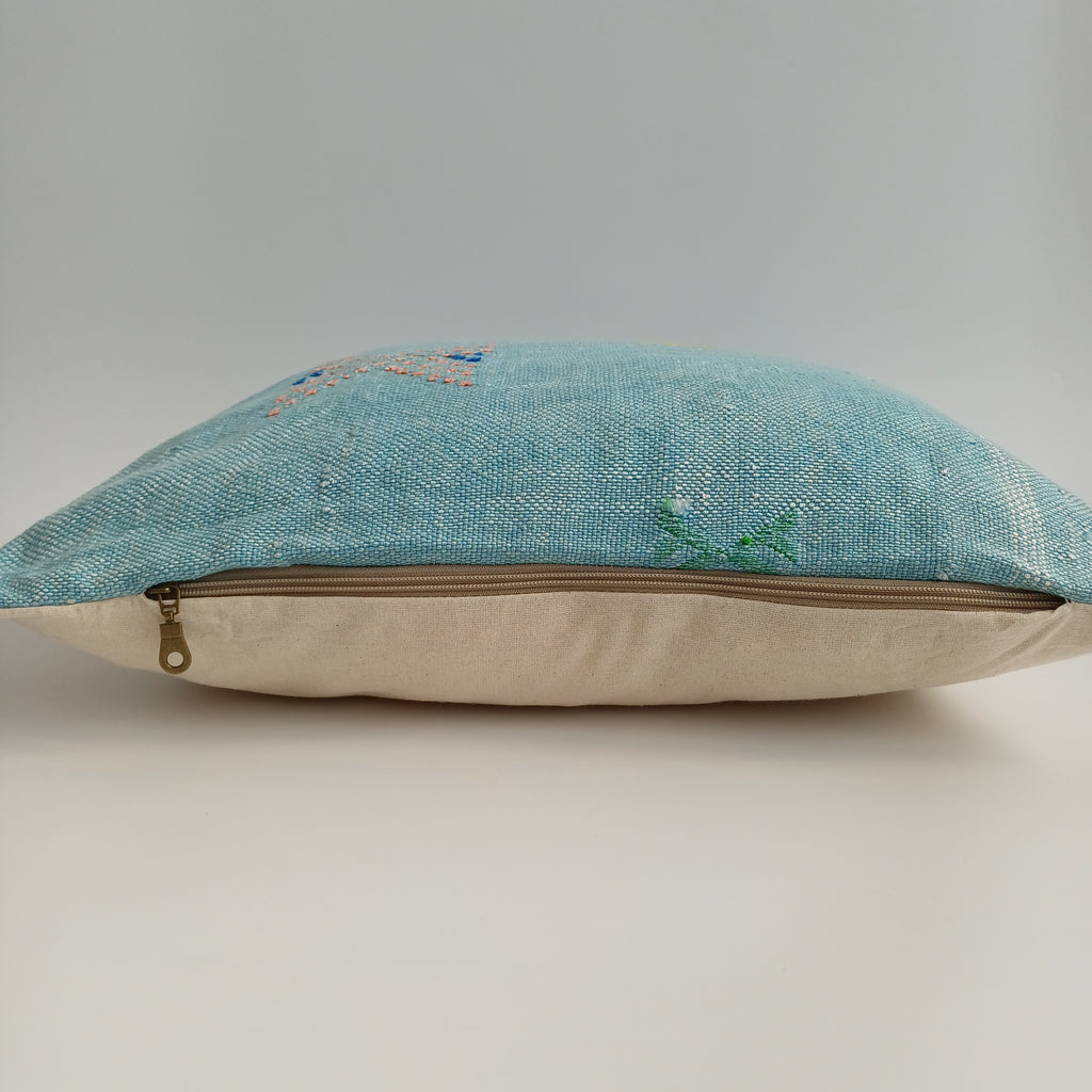 Moroccan Handmade Teal Blue Cactus Silk Cushion Cover 20''x20'' / 50x50 CM