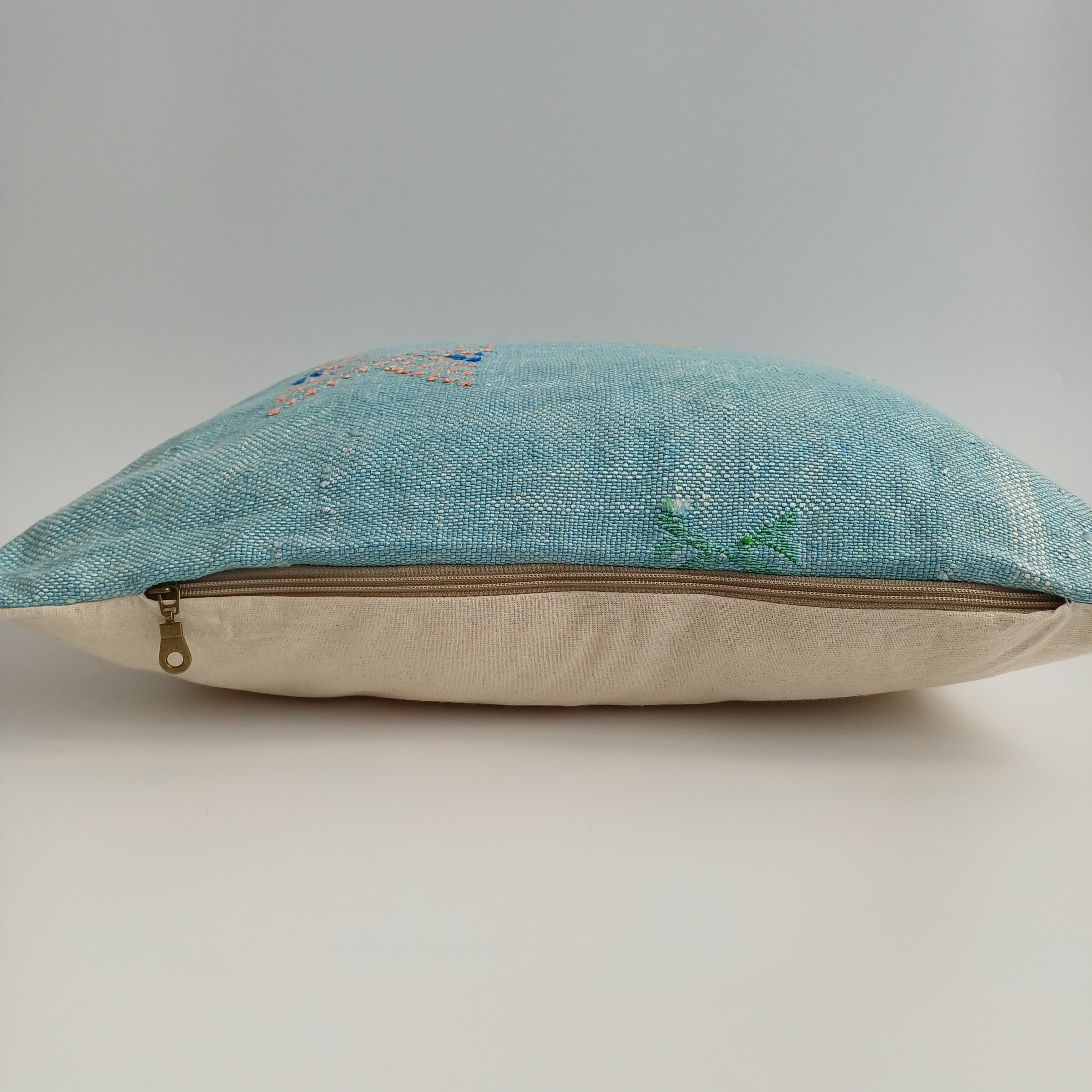 Moroccan Handmade Teal Blue Cactus Silk Cushion Cover 20''x20'' / 50x50 CM